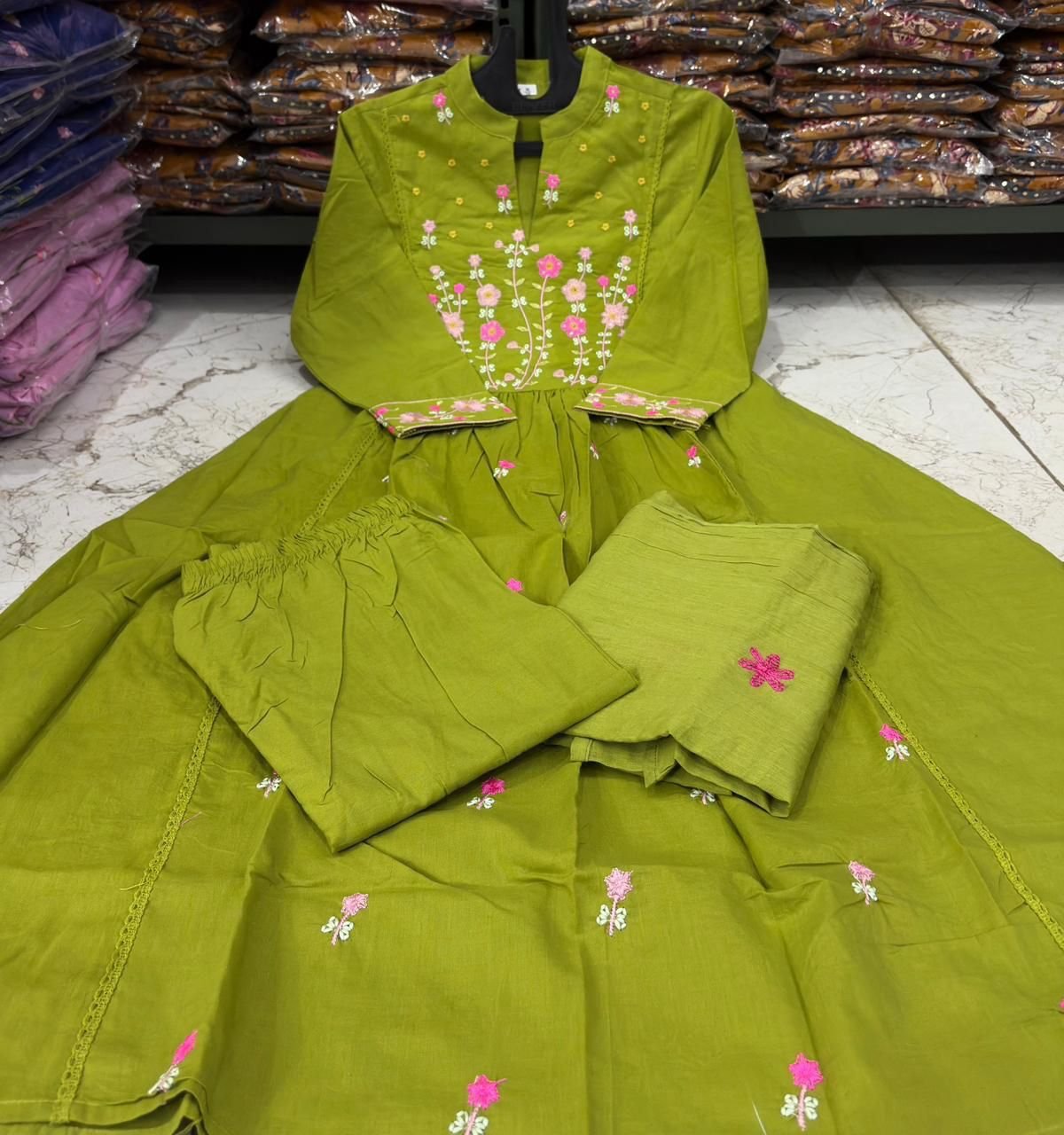 Green Cotton Embroidered Kurti Set with Pant & Dupatta